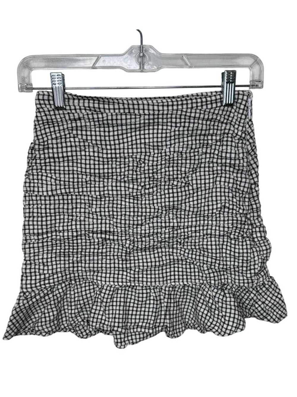 Abercrombie & Fitch XS Gingham Smocked Ruffle Mini Skirt Black White Linen